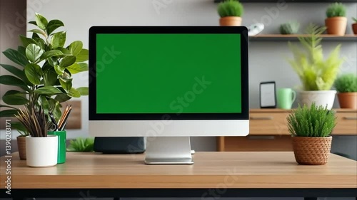 Green Screen Computer Monitor Mock-Up in Empty Modern Office Workspace