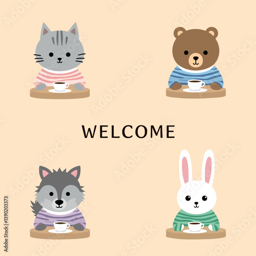 four adorable animals enjoying coffee at a cafe creating a welcoming atmosphere