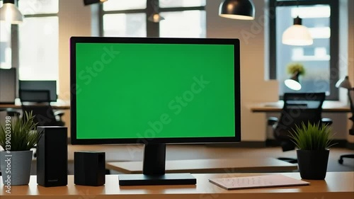 Close-Up of Green Screen Computer Monitor with Chroma Key in Modern Office Workspace