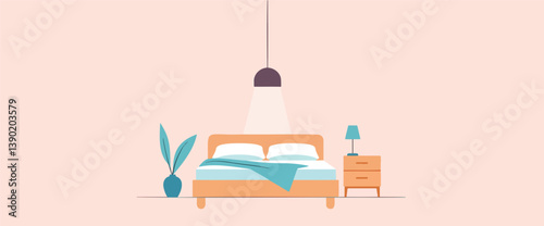 minimalist bedroom interior with a light bed soft blue bedding and a hanging pendant light