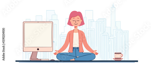 woman meditating in lotus position at her computer in a city office
