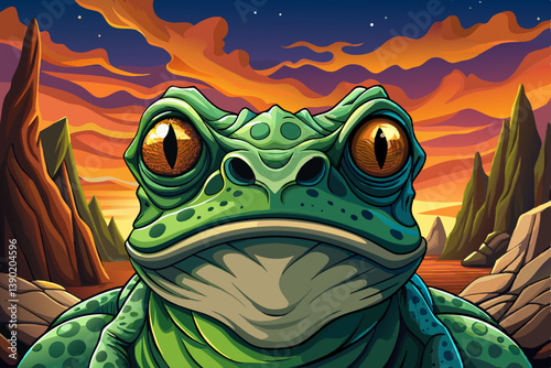 Frog portrait on an alien rock formation under a strange colored sky, animal banner