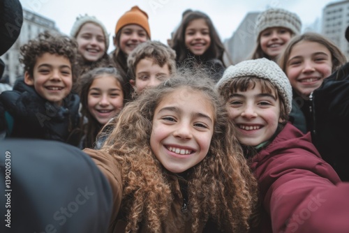 Smiling diverse group of kids taking a selfie outdoors during the day