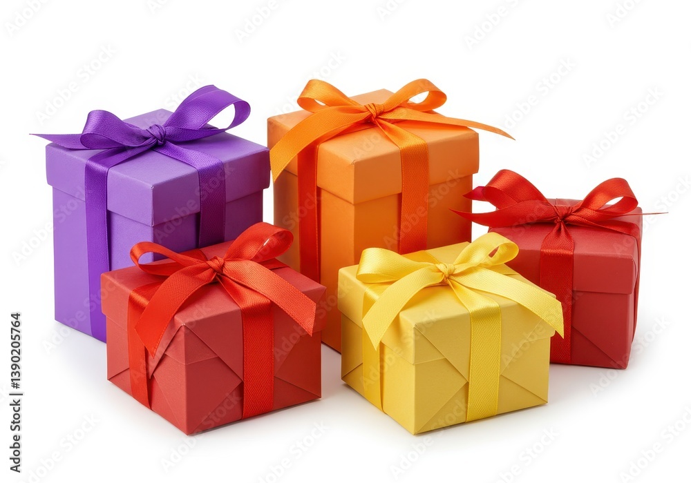 Obraz premium A group of colorful gift boxes wrapped with satin ribbons isolated on white background