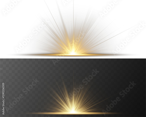Bright flash explodes with glowing rays on transparent background. Magical sparkles drift gently in radiant light burst. Starburst shines intensely, forming vivid white core flare. Solar flare emits