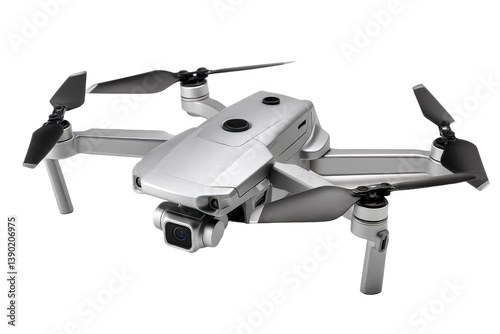 Silver drone with camera, hovering, ready for flight