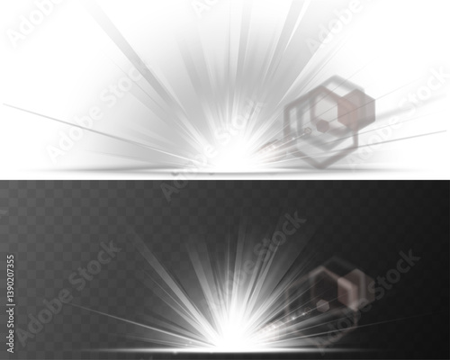 Shimmering light flash erupts with star-dust brilliance. Bokeh particles swirl gently inside solar explosion ring. Glowing flare glistens sharply with radiant white center. Dust sparkle effect floats 