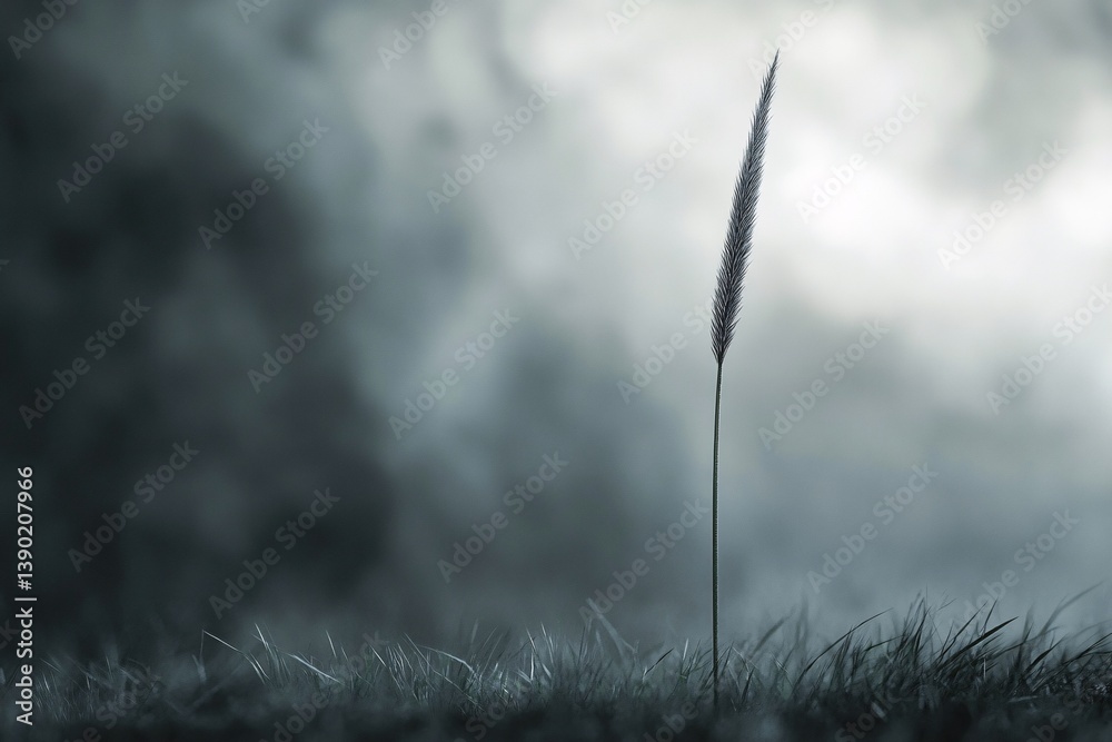 Obraz premium Solitary Blade of Grass in Misty Field
