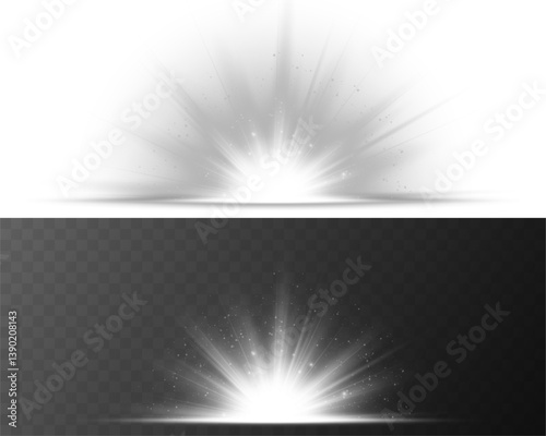 Radiant light burst forms celestial flash of brilliance. White flare glows with shimmering halo on glassy space. Star spark explodes softly in high-impact shine effect. Magic dust twinkles