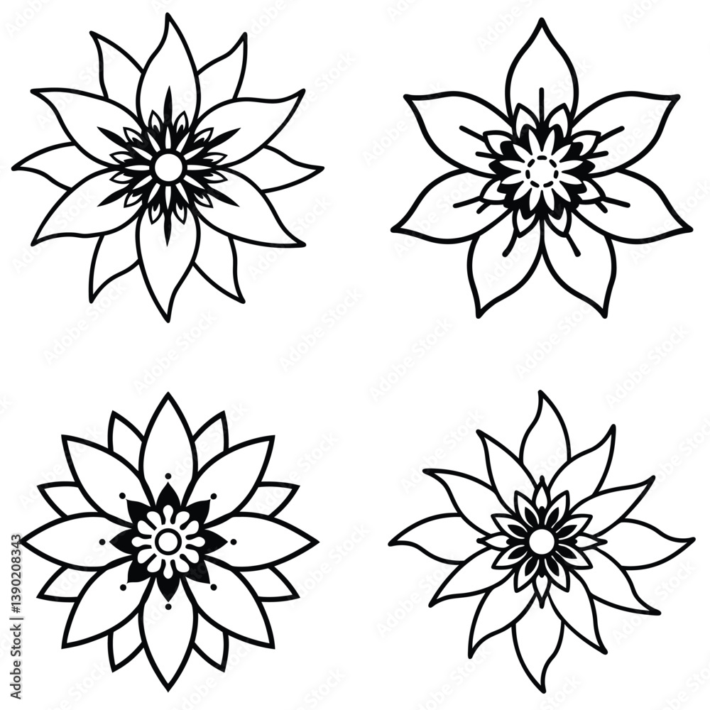 Obraz premium A set of passion flower icon with intricate, layered filaments and petals.