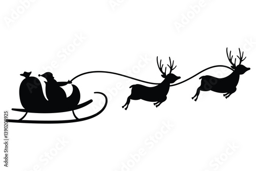 Santa Sleigh with Reindeer Silhouette  Black Vector Illustration