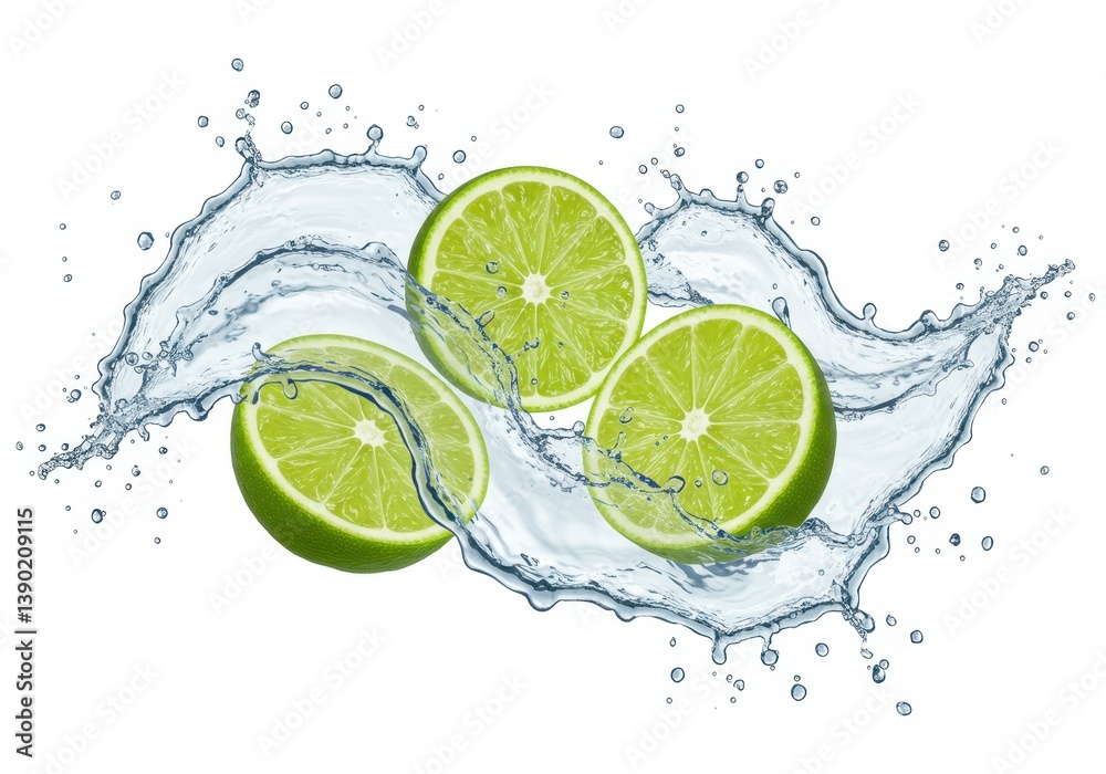 Vibrant lime slices with water splash in wave formation isolated on white background Vibrant lime slices with water splash in wave formation isolated on white background