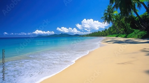 Lush greenery meets brilliant blue waters at Palm Cove Beach in Northern Queensland
