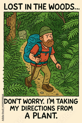 Hiker Lost Taking Directions From Plant Cartoon Illustration Funny Adventure
