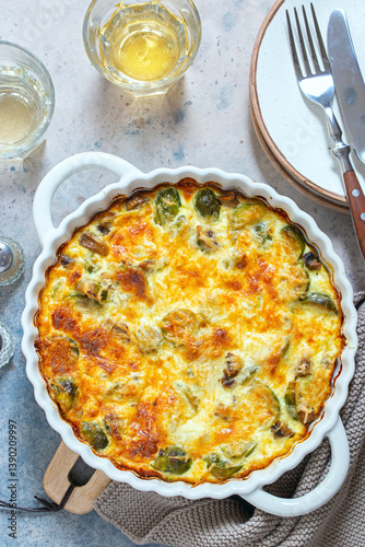 Casserole with Brussels sprouts, top view