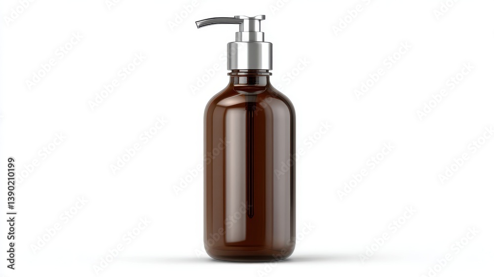 A blank brown glass bottle mockup with a pump, isolated against a white background, representing a realistic packaging template for shampoo or soap. A blank brown glass bottle mockup with a pump, isolated against a white background, representing a realistic packaging template for shampoo or soap.