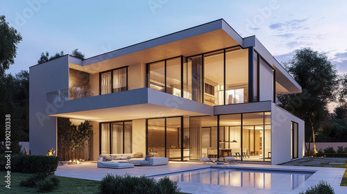 Wallpaper Mural Modern villa exterior with clean geometric design and pool at sunset Torontodigital.ca
