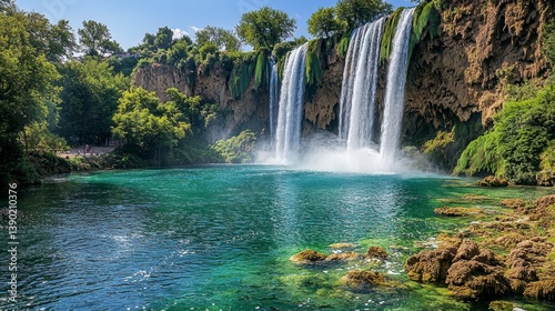 Majestic Waterfall Cascading into Lush Green Pool Surrounded by Vibrant Nature and Clear Blue Sky
