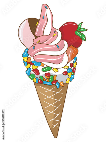 Cute and colorful ice cream cone illustration perfect for food-related designs, printable, advertising, children’s products, and seasonal summer graphics.
