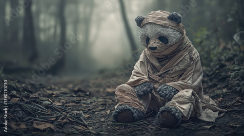A panda bear in a beige coat sits on the ground in a foggy forest.