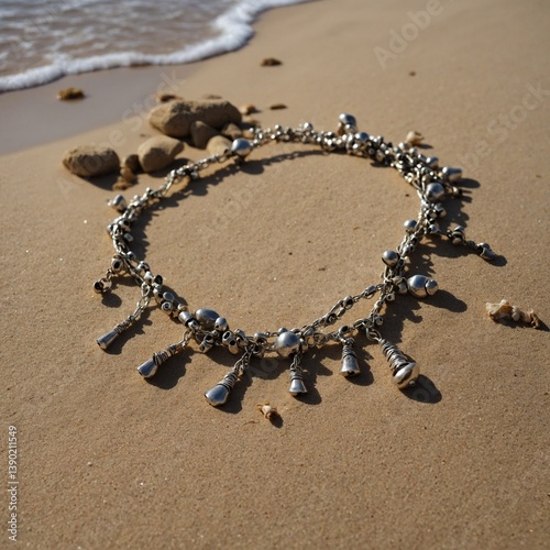 A delicate anklet with tiny bells that tinkle softly with every step along a sandy beach