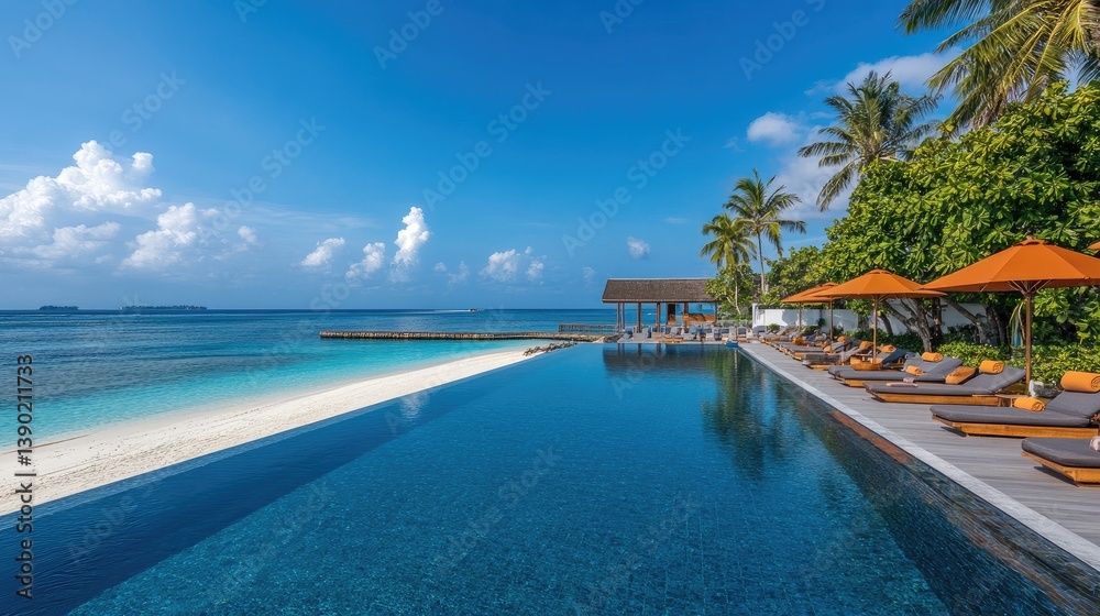 Fototapeta premium Serene Infinity Pool Overlooking Tropical Beach and Clear Blue Sky in a Relaxing Resort Setting