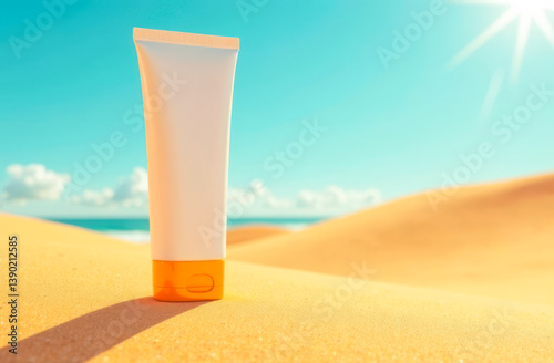 A tube of white cream on the sand in a hot desert.