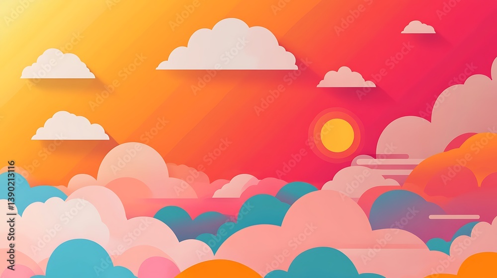 Vibrant sunset with paper clouds.