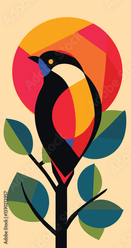 Colorful geometric illustration of a bird perched on a branch with stylized leaves and a vivid abstract sun in the background