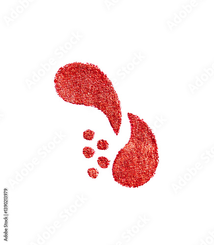 Red embroidered textile shapes on white background. Abstract elements stitched on fabric, isolated for modern collage or design use