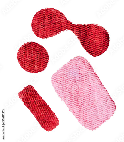 Embroidered abstract red and pink fabric shapes on transparent background. Artistic stitched textile design elements..