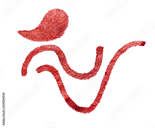 Red embroidered textile shapes on white background. Abstract elements stitched on fabric, isolated for modern collage or design use