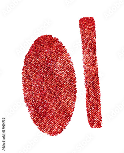 Red embroidered textile shapes on white background. Abstract elements stitched on fabric, isolated for modern collage or design use