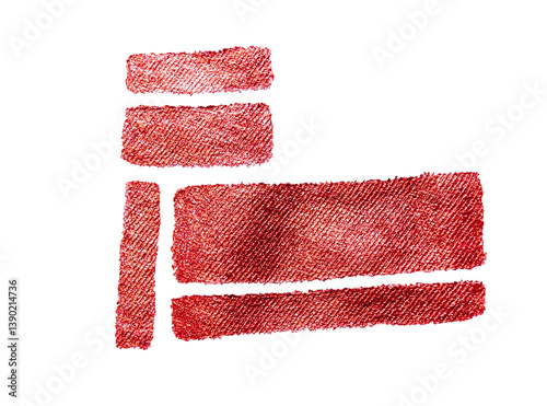 Red embroidered textile shapes on white background. Abstract elements stitched on fabric, isolated for modern collage or design use