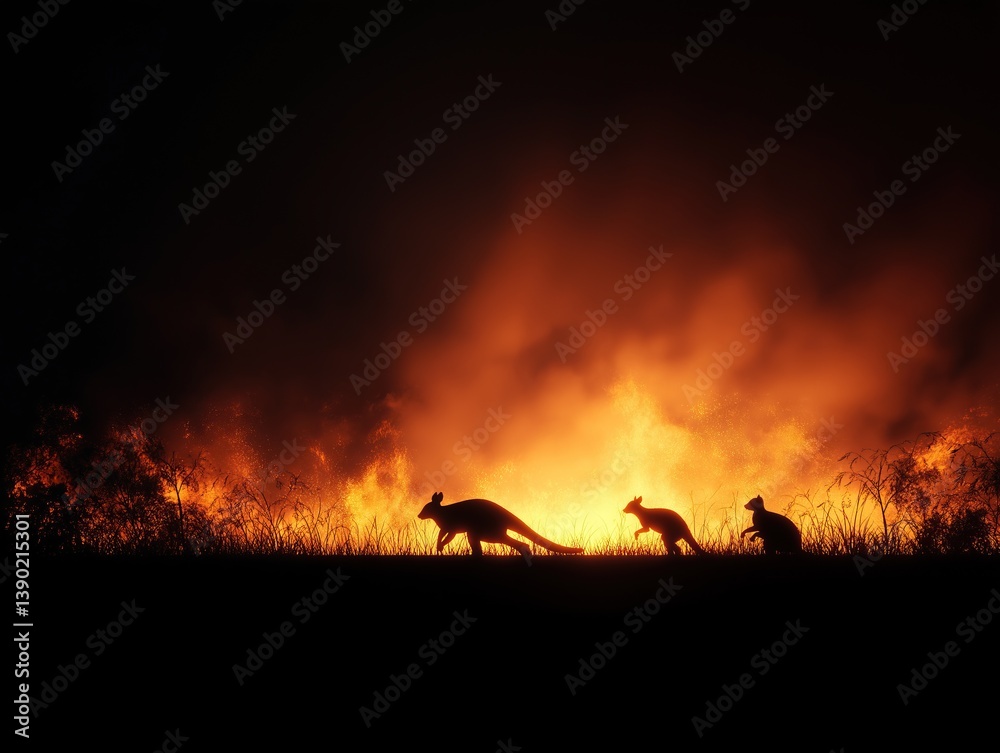 Fototapeta premium Silhouettes of Animals Fleeing a Raging Forest Fire