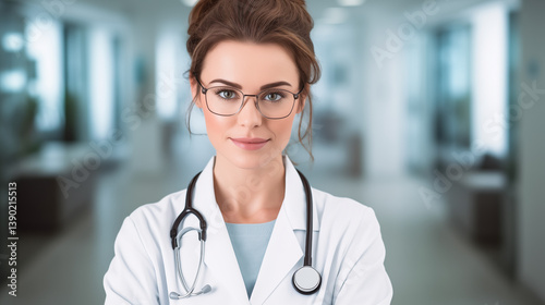 Confident smiling female doctor with stethoscope – healthcare professional portrait. AI Generative.