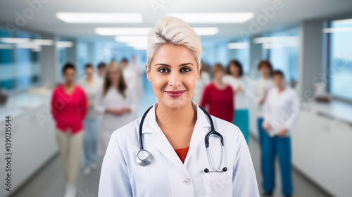 Confident smiling female doctor with stethoscope – healthcare professional portrait. AI Generative.