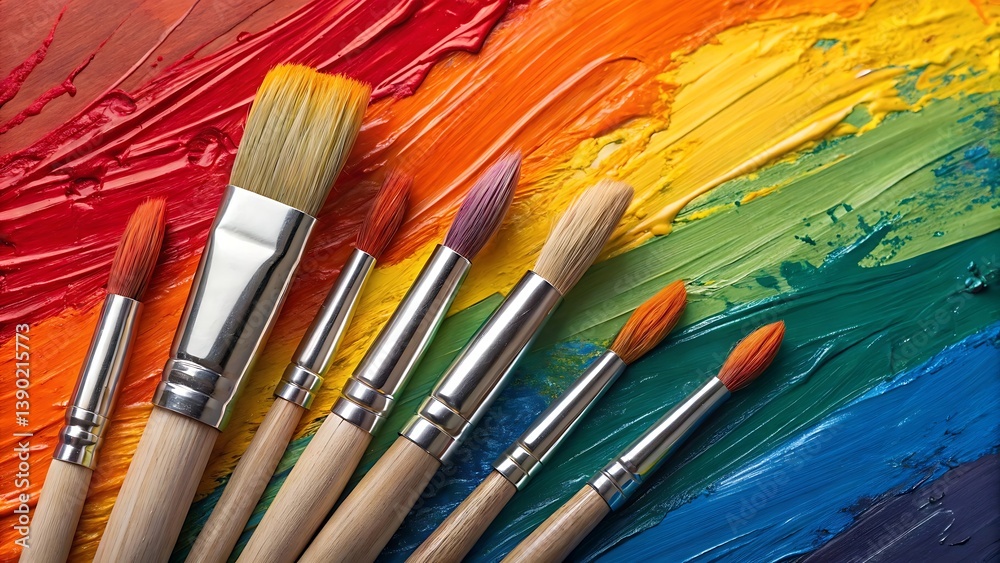 Fototapeta premium Colorful art paint brushes on canvas artistic creative painting tools