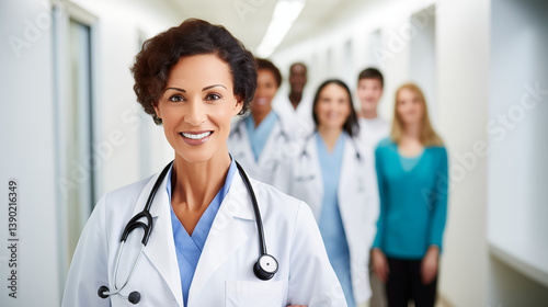 Confident smiling female doctor with stethoscope – healthcare professional portrait. AI Generative.