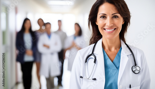 Confident smiling female doctor with stethoscope – healthcare professional portrait. AI Generative.