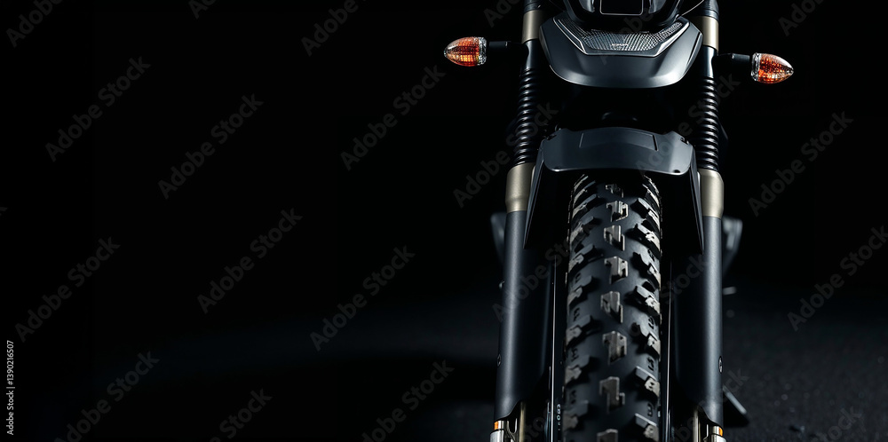 Enduro or motocross motorcycle front wheel closeup, Close-up of a motorcycle front tire, suspension, headlight, and turn signals against a dark background. Focus on the tread.