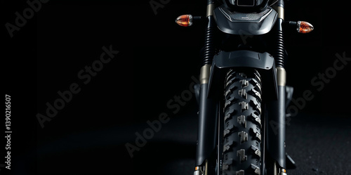 Obraz na płótnie Enduro or motocross motorcycle front wheel closeup, Close-up of a motorcycle front tire, suspension, headlight, and turn signals against a dark background. Focus on the tread. w salonie