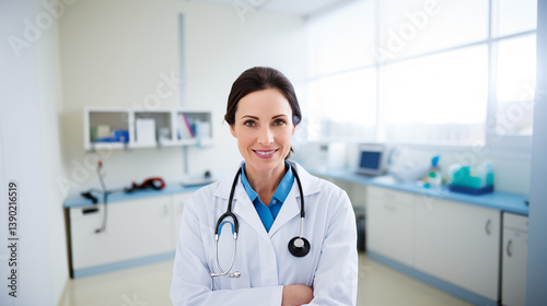 Confident smiling female doctor with stethoscope – healthcare professional portrait. AI Generative.