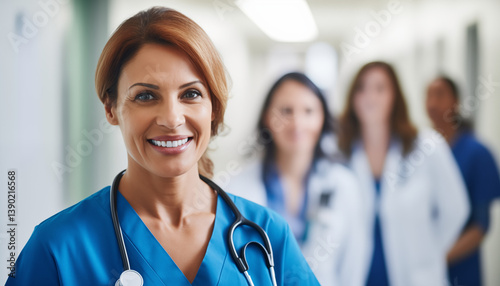 Confident smiling female doctor with stethoscope – healthcare professional portrait. AI Generative.