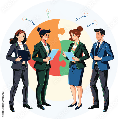 Teamwork Puzzle Concept Illustration of Diverse Business Professionals Collaborating photo