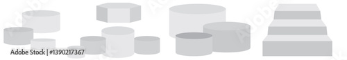 Set realistic podium. Pedestal and platform, stand stage, cylinder. Round empty stages and podium stairs 3d template. vector illustration.