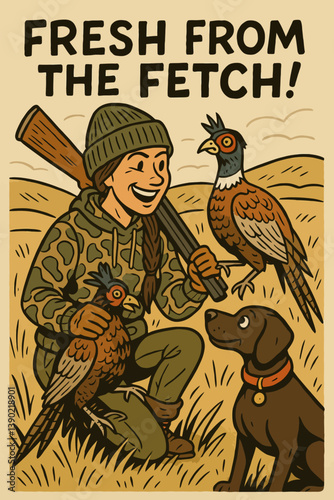 Woman Hunting with Pheasants and Dog in Field Illustration
