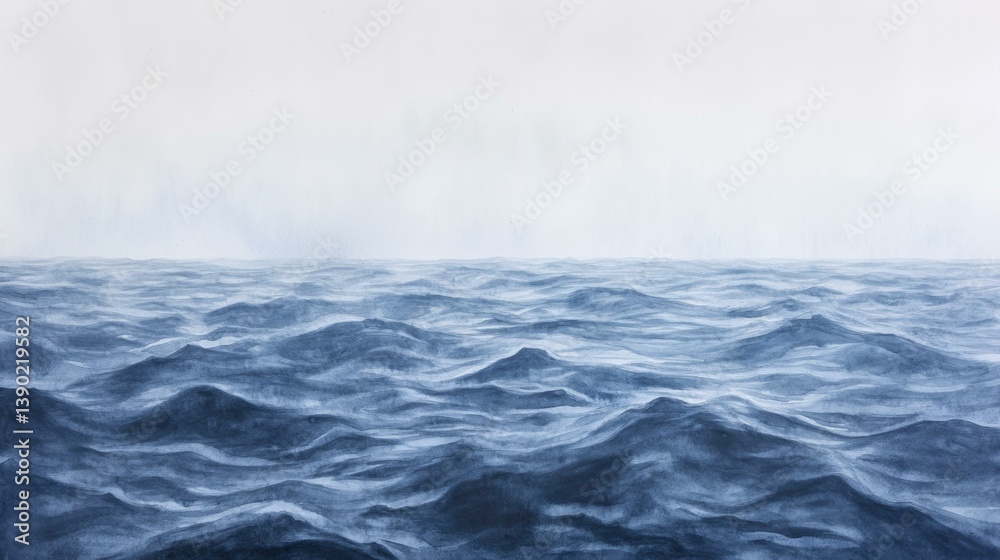 Fototapeta premium Rough Ocean Waves Seascape Painting Moody Blue Tones Horizon View Water Surface Motion