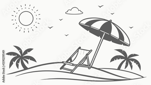 beach scene, deck chair, umbrella, suitcase