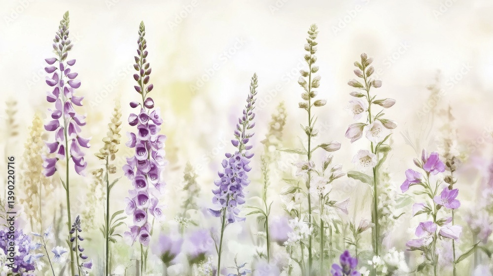 Naklejka premium Soft Watercolor Field of Purple Lupine and White Foxglove Blossoms Floral Spring Garden